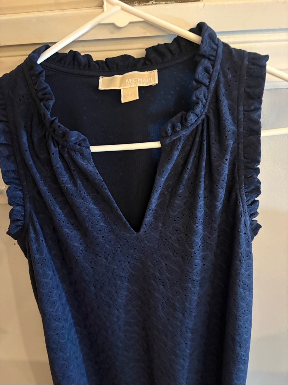 Michael Kors Navy Eyelet V-Neck Ruffle Hem Mini Dress - Picture 3 of 6